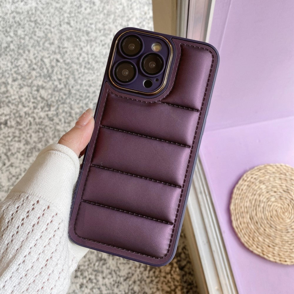 iPhone 14 Pro Max Leather Covered 3D Plastic Back Case w. Camera Lens Protection - Purple