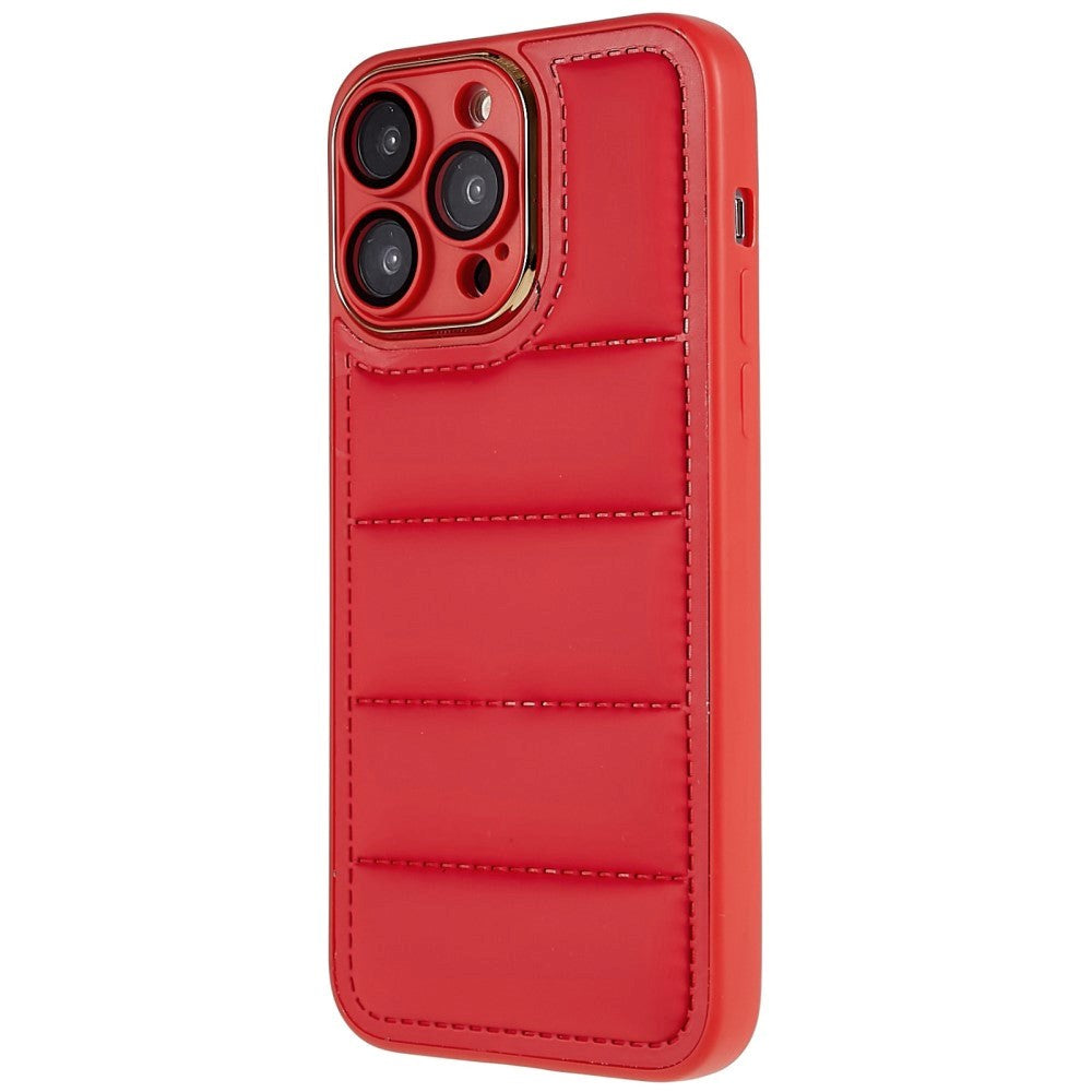 iPhone 14 Pro Max Leather Covered 3D Plastic Back Case w. Camera Lens Protection - Red