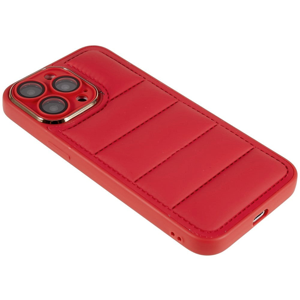 iPhone 14 Pro Max Leather Covered 3D Plastic Back Case w. Camera Lens Protection - Red