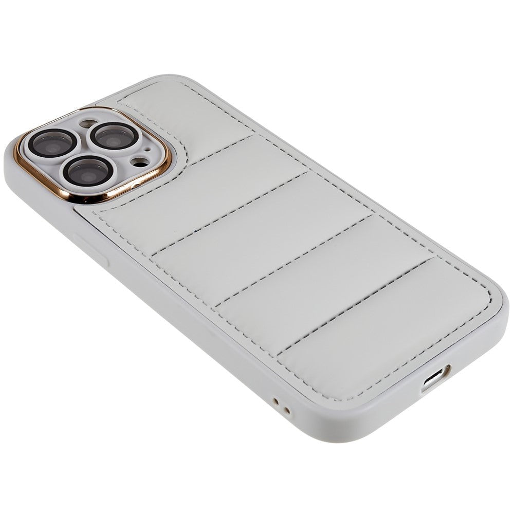 iPhone 14 Pro Max Leather Covered 3D Plastic Back Case w. Camera Lens Protection - Grey