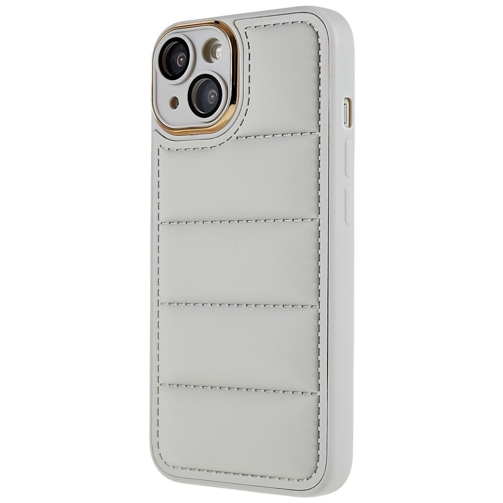 iPhone 14 Leather Covered 3D Plastic Back Case w. Camera Lens Protection - Grey