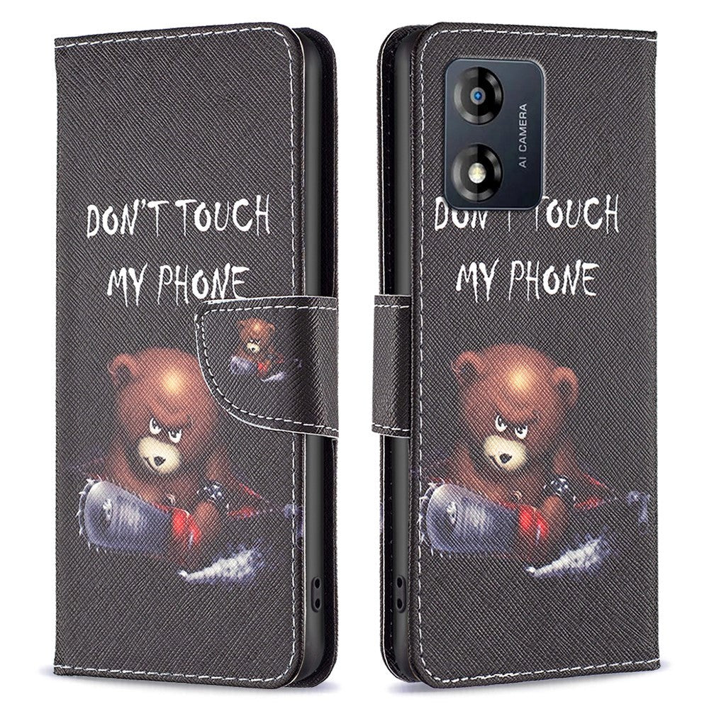 Motorola Moto E13 Leather Wallet Case w. Print - "Don't Touch My Phone" Bear