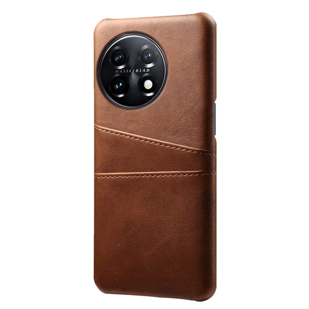 OnePlus 11 Leather Coated Plastic Case with Card Holder - Brown