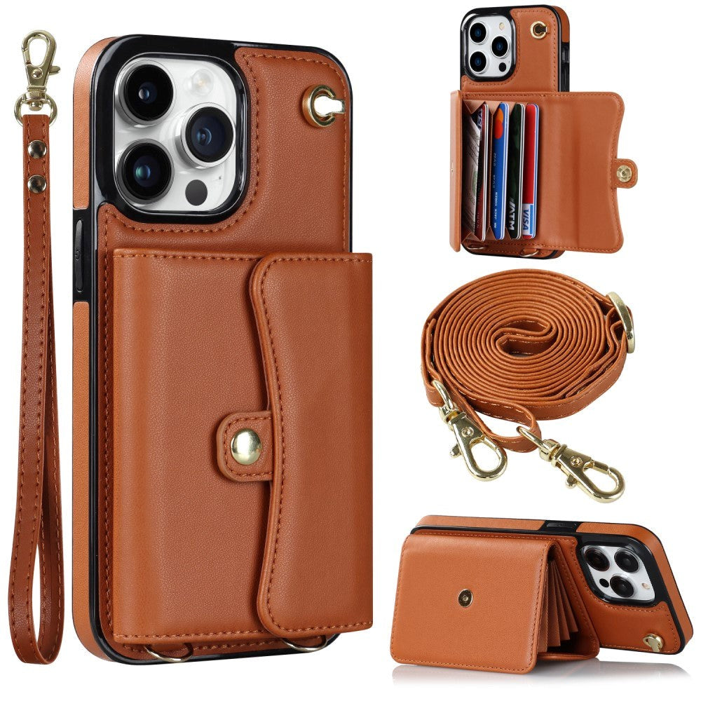 iPhone 14 Pro Leather-Covered Plastic Case w. Wallet and Strap - Brown