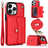 iPhone 14 Pro Leather-Covered Plastic Case w. Wallet and Strap - Red