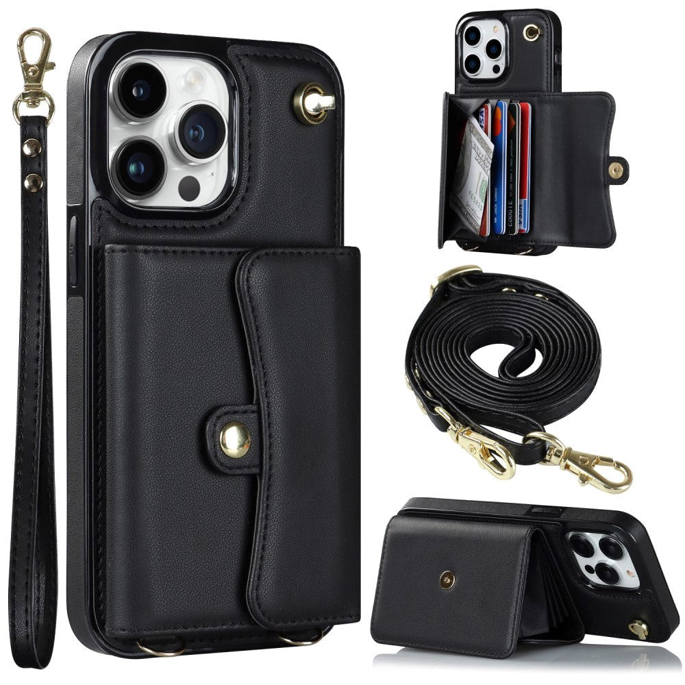 iPhone 14 Pro Leather-Covered Plastic Case w. Wallet and Strap - Black