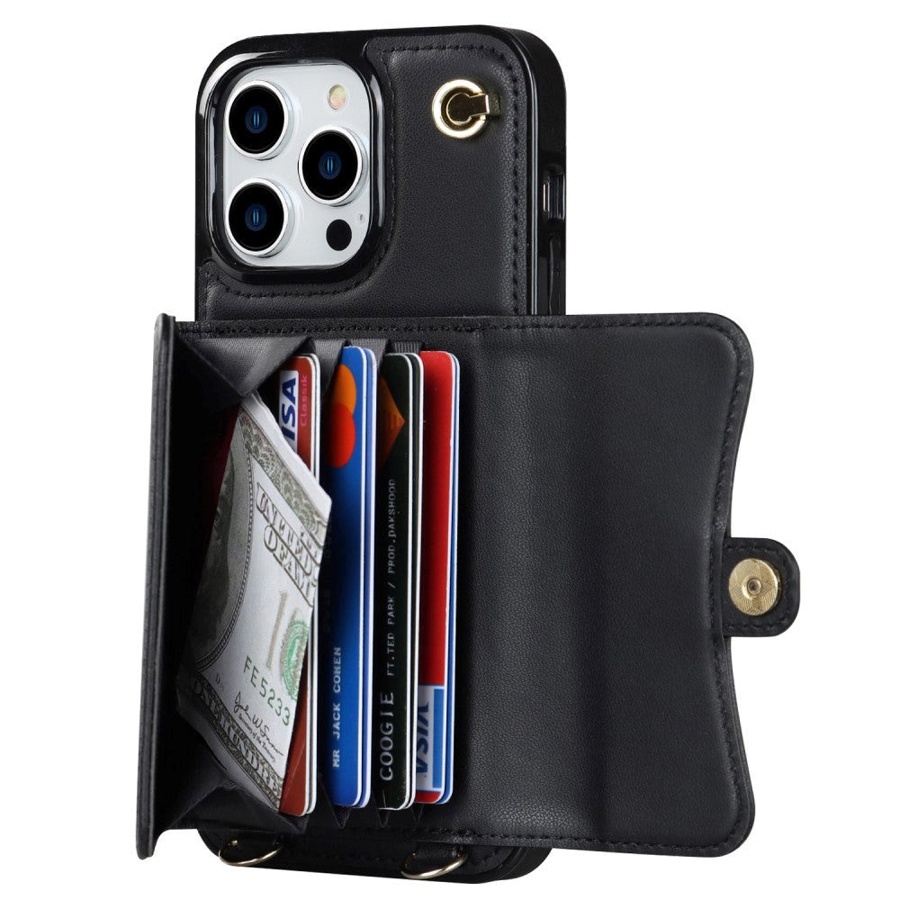 iPhone 14 Pro Leather-Covered Plastic Case w. Wallet and Strap - Black