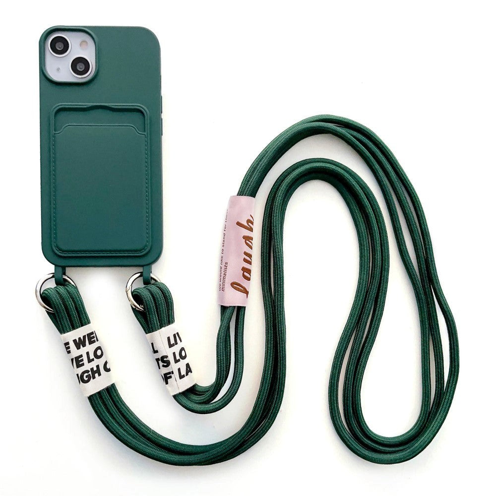 iPhone 14 Flexible Plastic Case with Card Holder & Strap - Dark Green