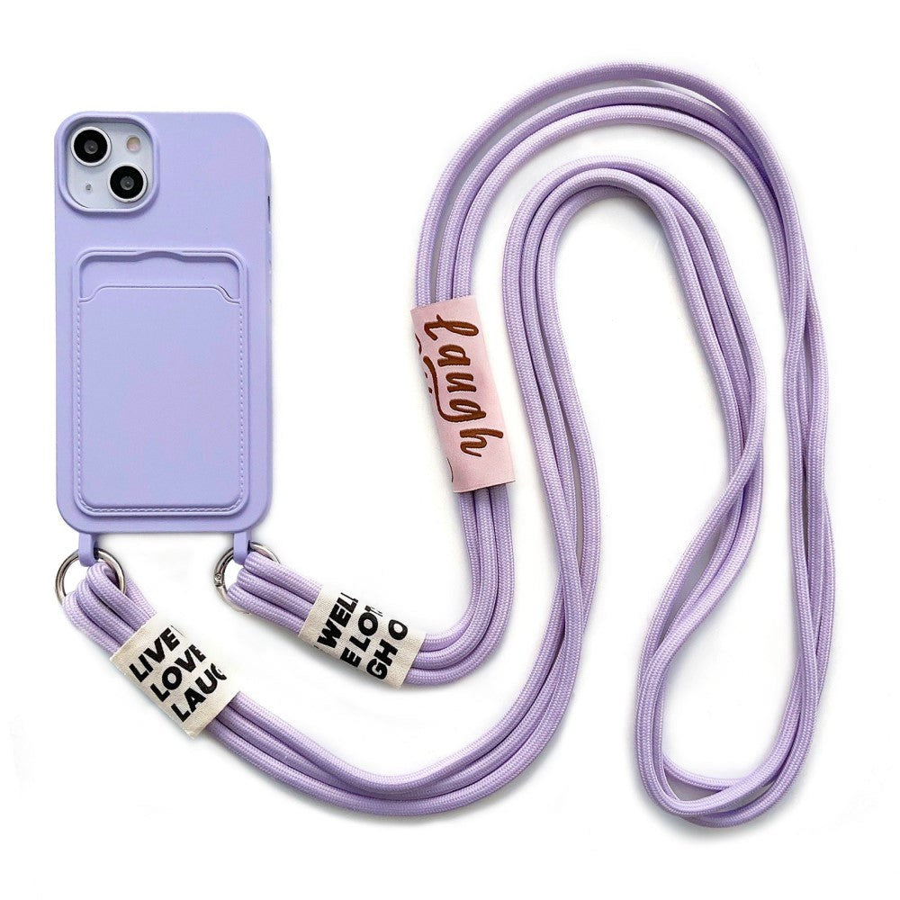 iPhone 14 Flexible Plastic Case with Card Holder & Strap - Purple