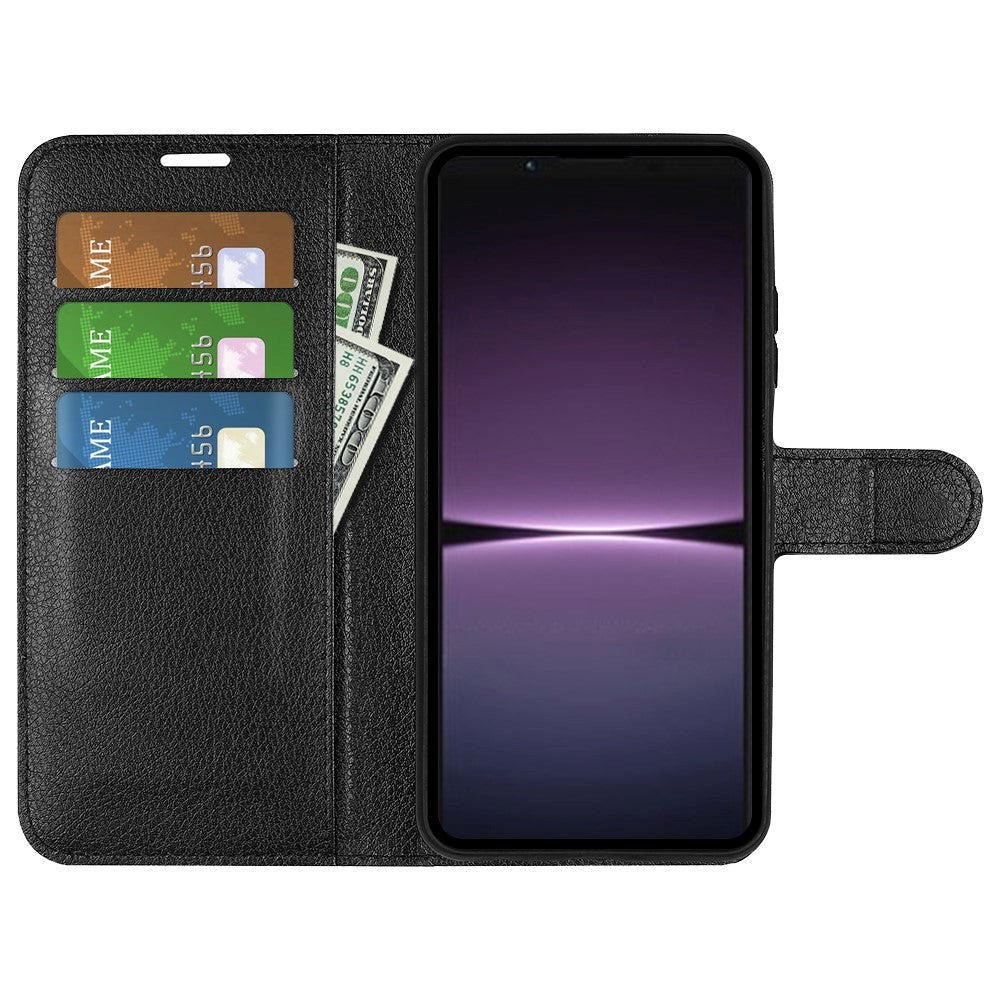 Sony Xperia 1 V Litchi Leather Flip Case w. Wallet - Black