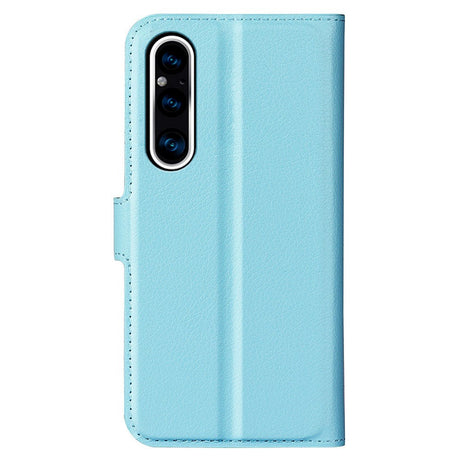 Sony Xperia 1 V Litchi Leather Flip Case w. Wallet - Light Blue