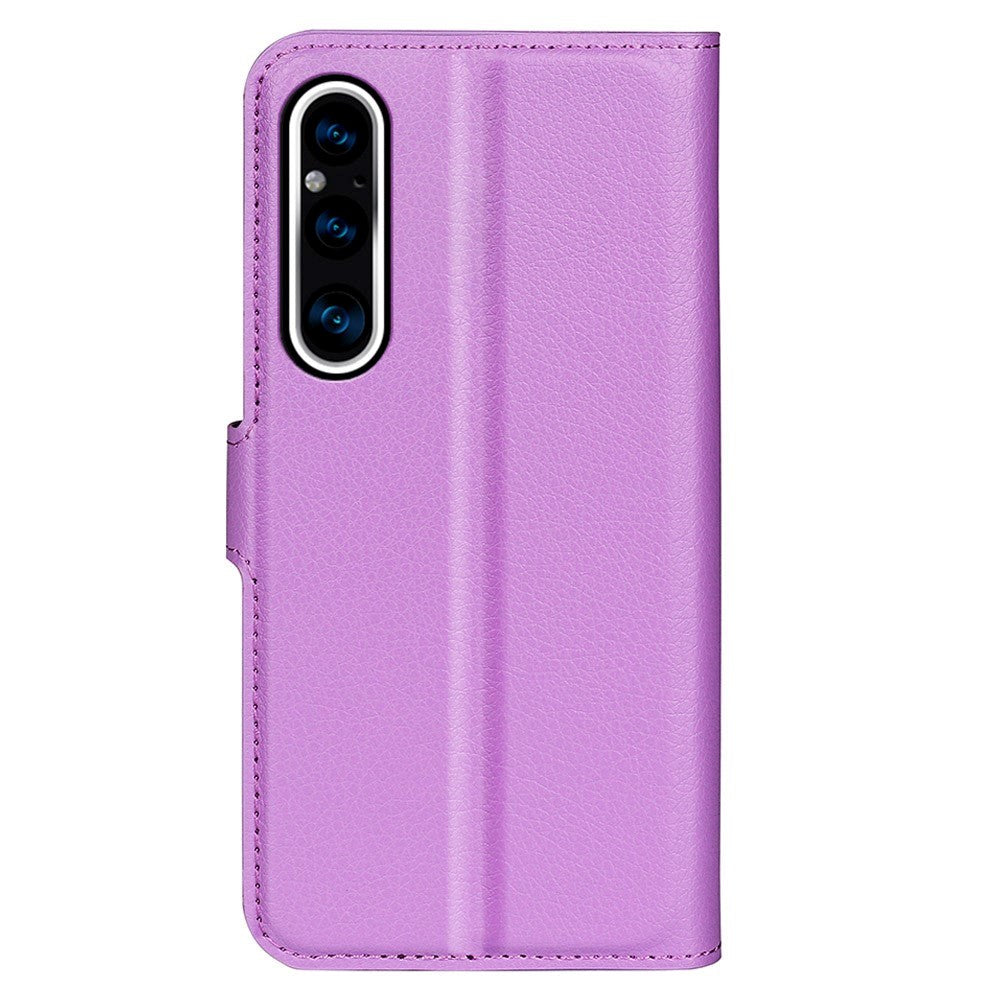 Sony Xperia 1 V Litchi Leather Flip Case w. Wallet - Purple