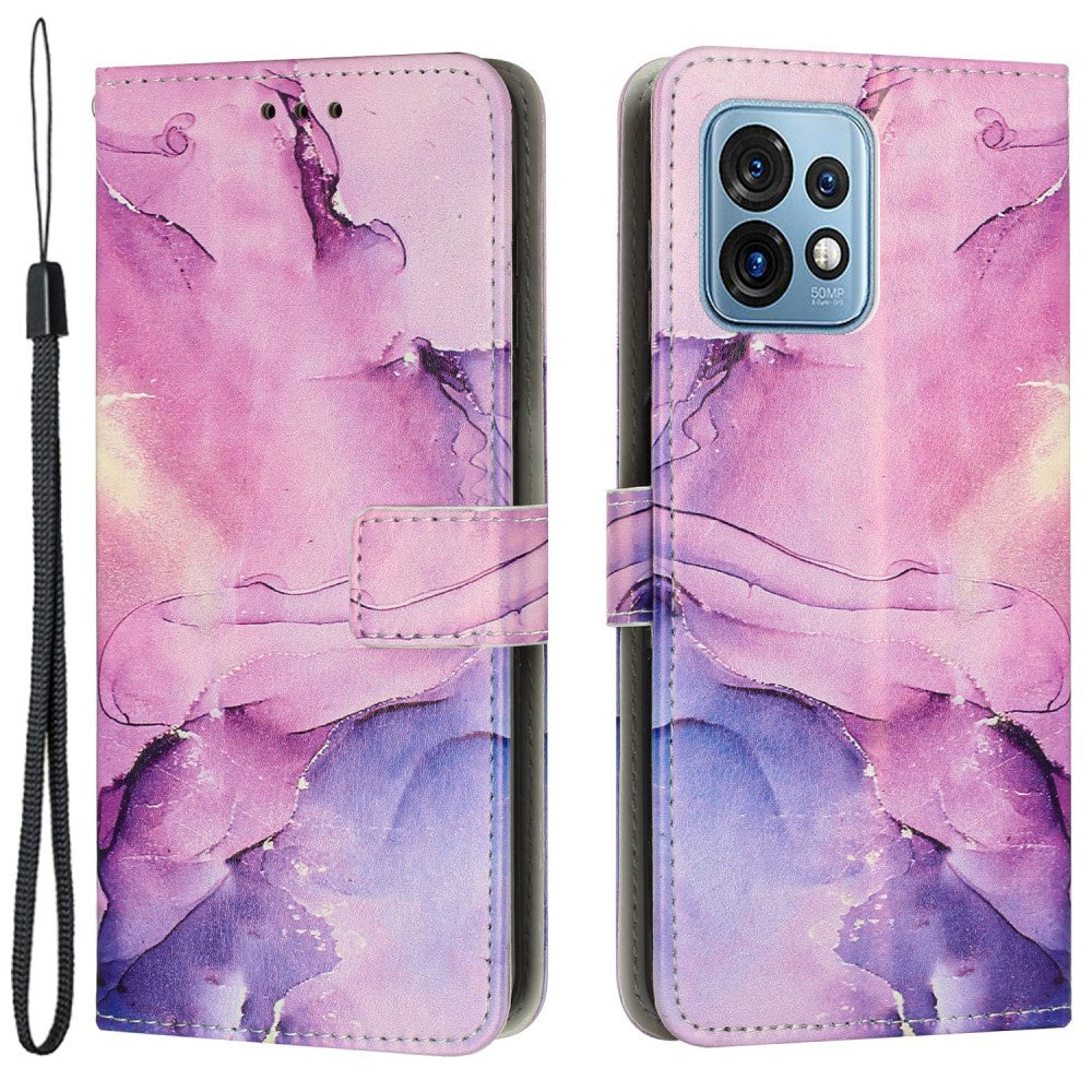 Motorola Edge 40 Pro Leather Flip Case w. Wallet & Strap - Marble - Purple / Pink