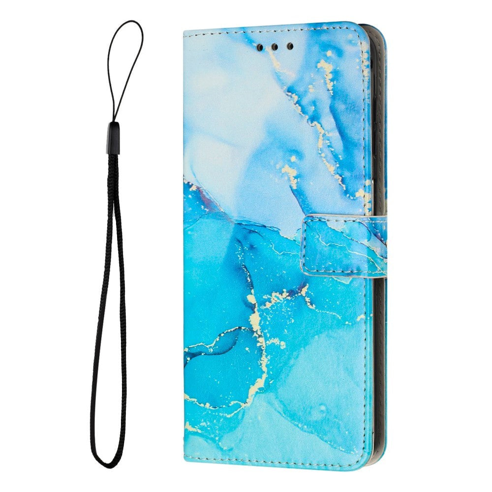 Motorola Edge 40 Pro Leather Flip Case w. Wallet & Strap - Marble - Turquoise / Blue