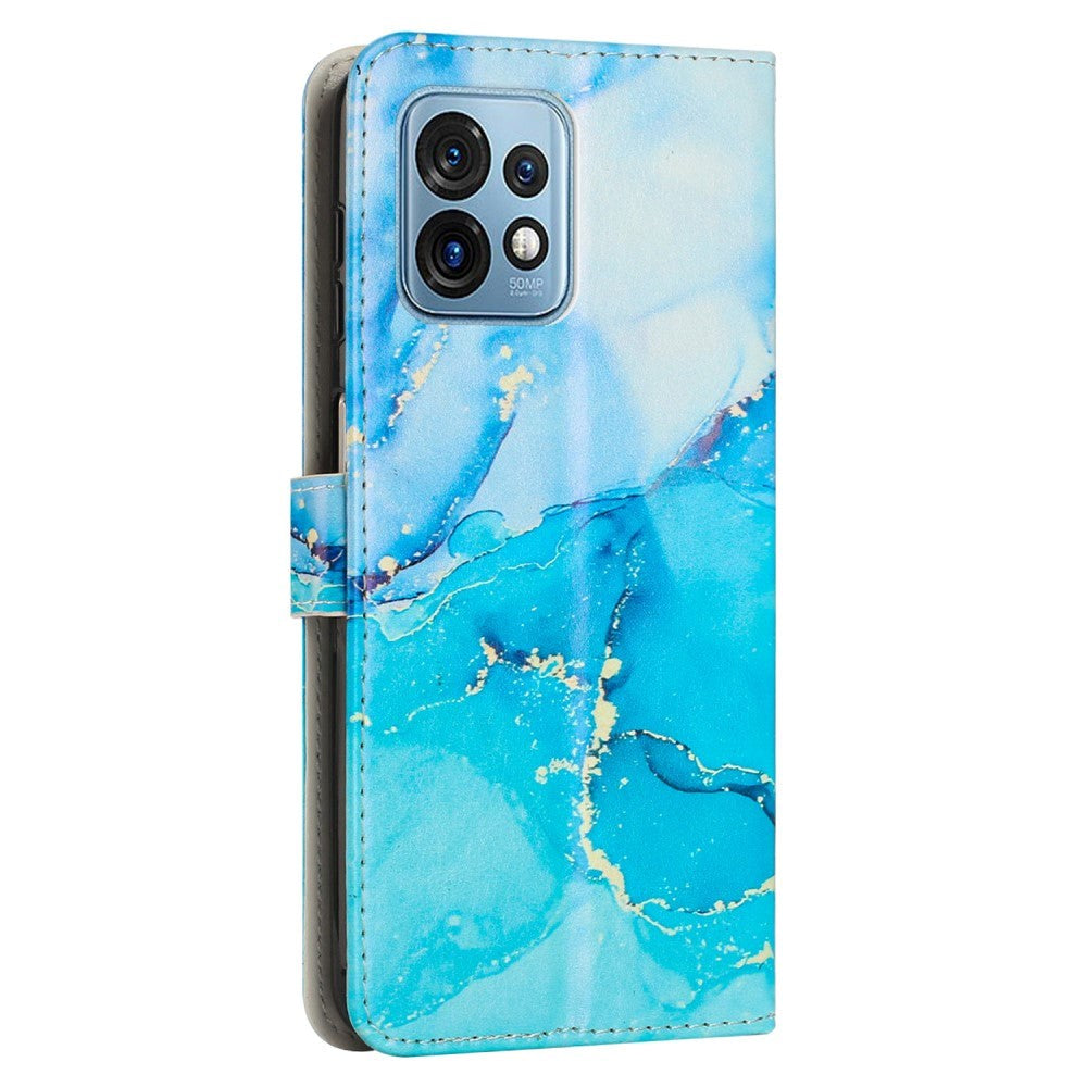 Motorola Edge 40 Pro Leather Flip Case w. Wallet & Strap - Marble - Turquoise / Blue