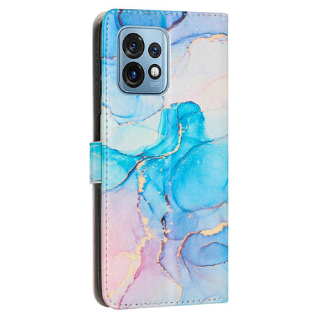 Motorola Edge 40 Pro Leather Flip Case w. Wallet & Strap - Marble - Blue / Pink