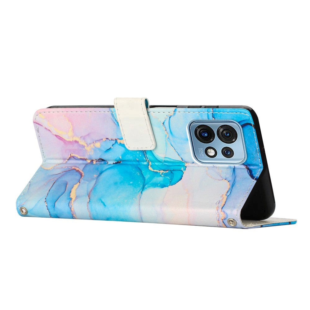 Motorola Edge 40 Pro Leather Flip Case w. Wallet & Strap - Marble - Blue / Pink