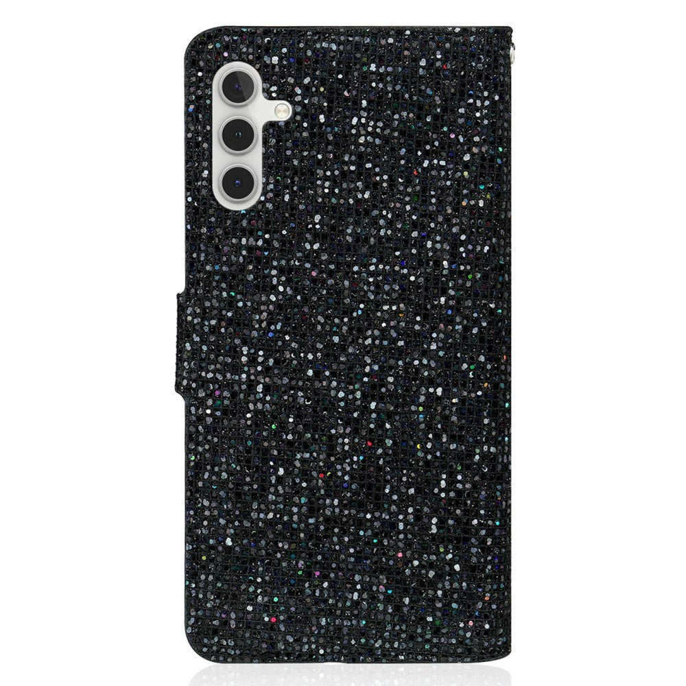 Samsung Galaxy A24 PU Leather Flip Case with Wallet & Strap - Glitter Design - Black