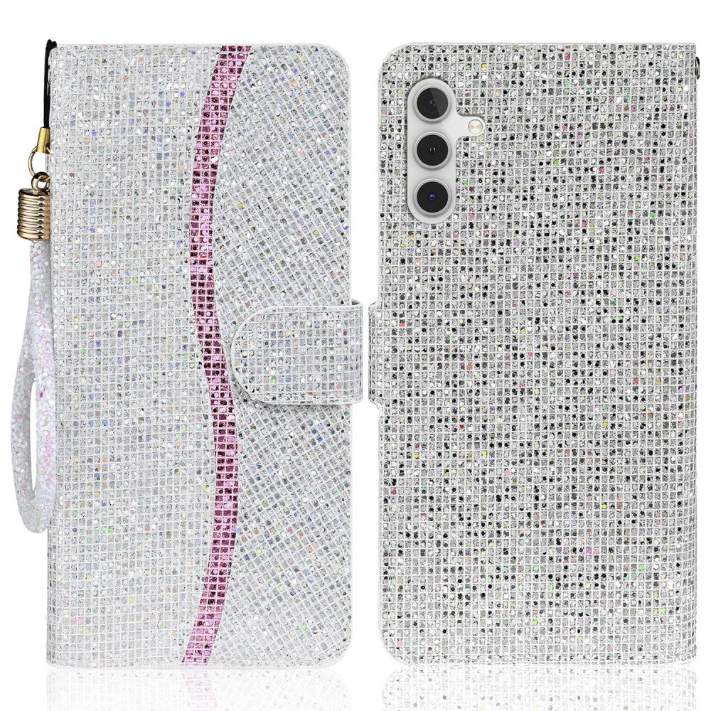 Samsung Galaxy A24 PU Leather Flip Case with Wallet & Strap - Glitter Design - Silver