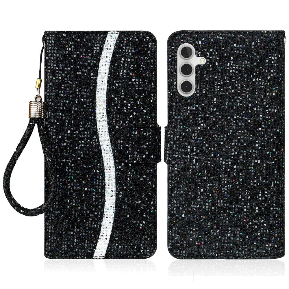 Samsung Galaxy A34 (5G) PU Leather Flip Case with Wallet & Strap - Glitter Design - Black