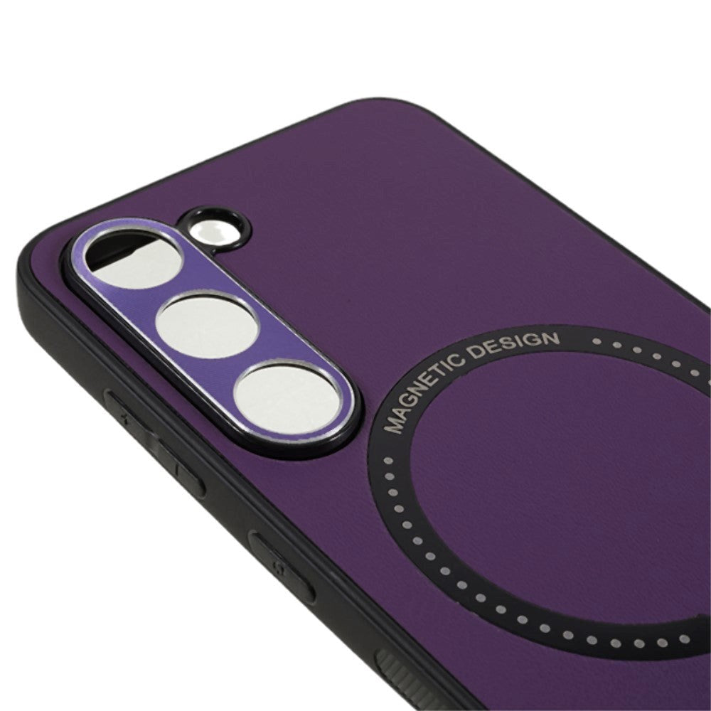 Samsung Galaxy S23 Flexible Magnetic Plastic Back Cover with Leather Covering - Purple