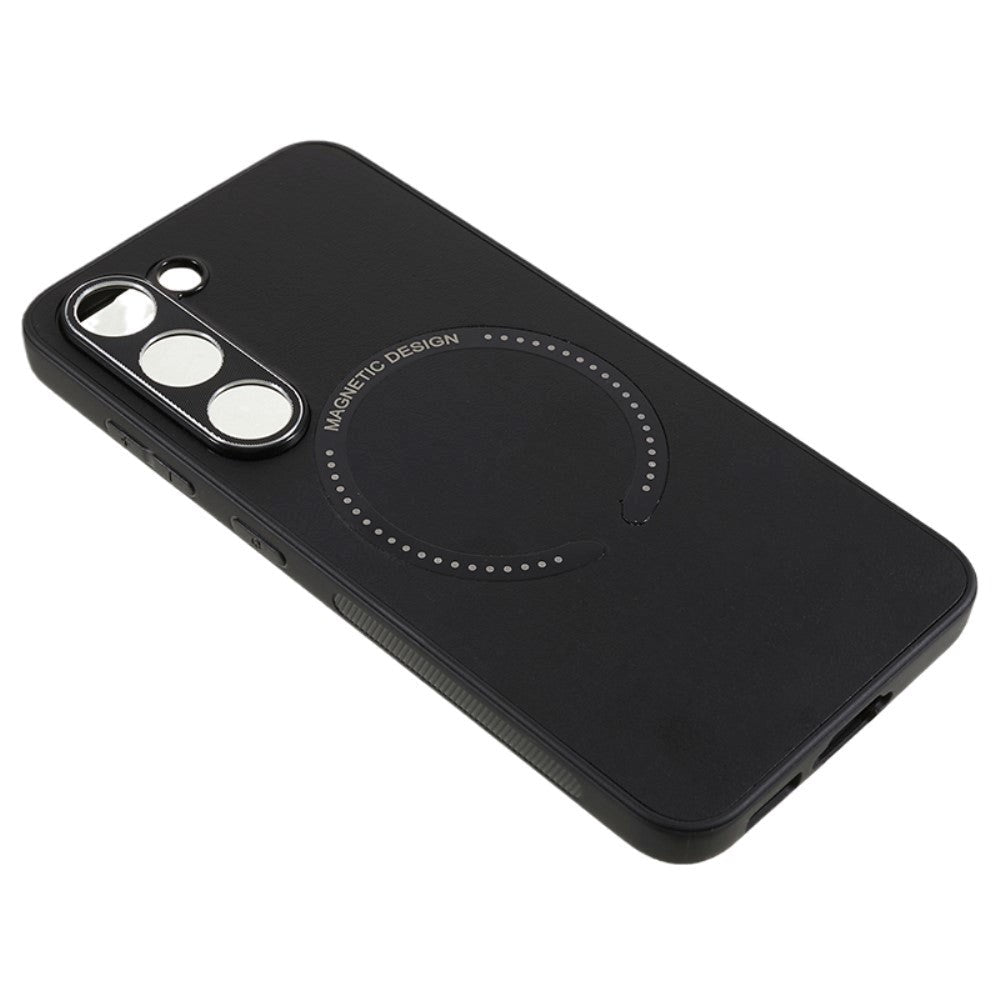 Samsung Galaxy S23 Flexible Magnetic Plastic Back Cover with Leather Covering - Black