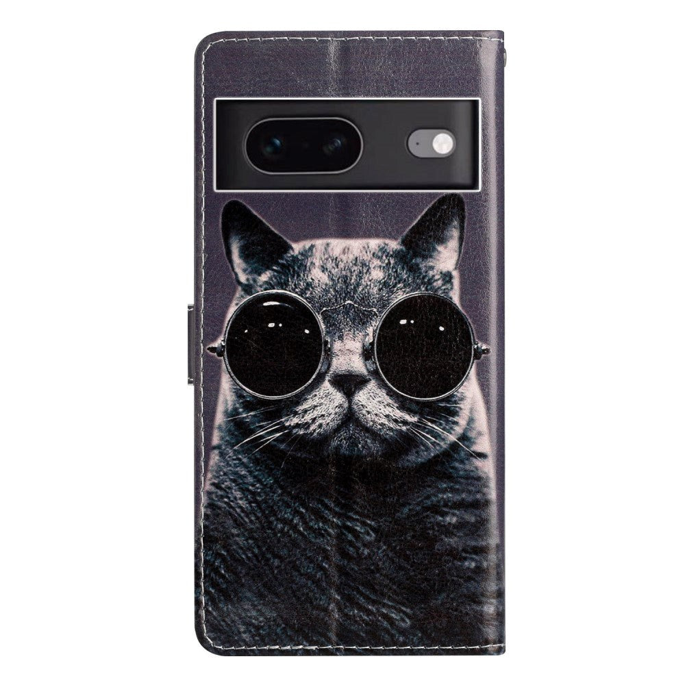 Google Pixel 7 PU Leather Flip Case w. Wallet and Strap - Cat with Sunglasses