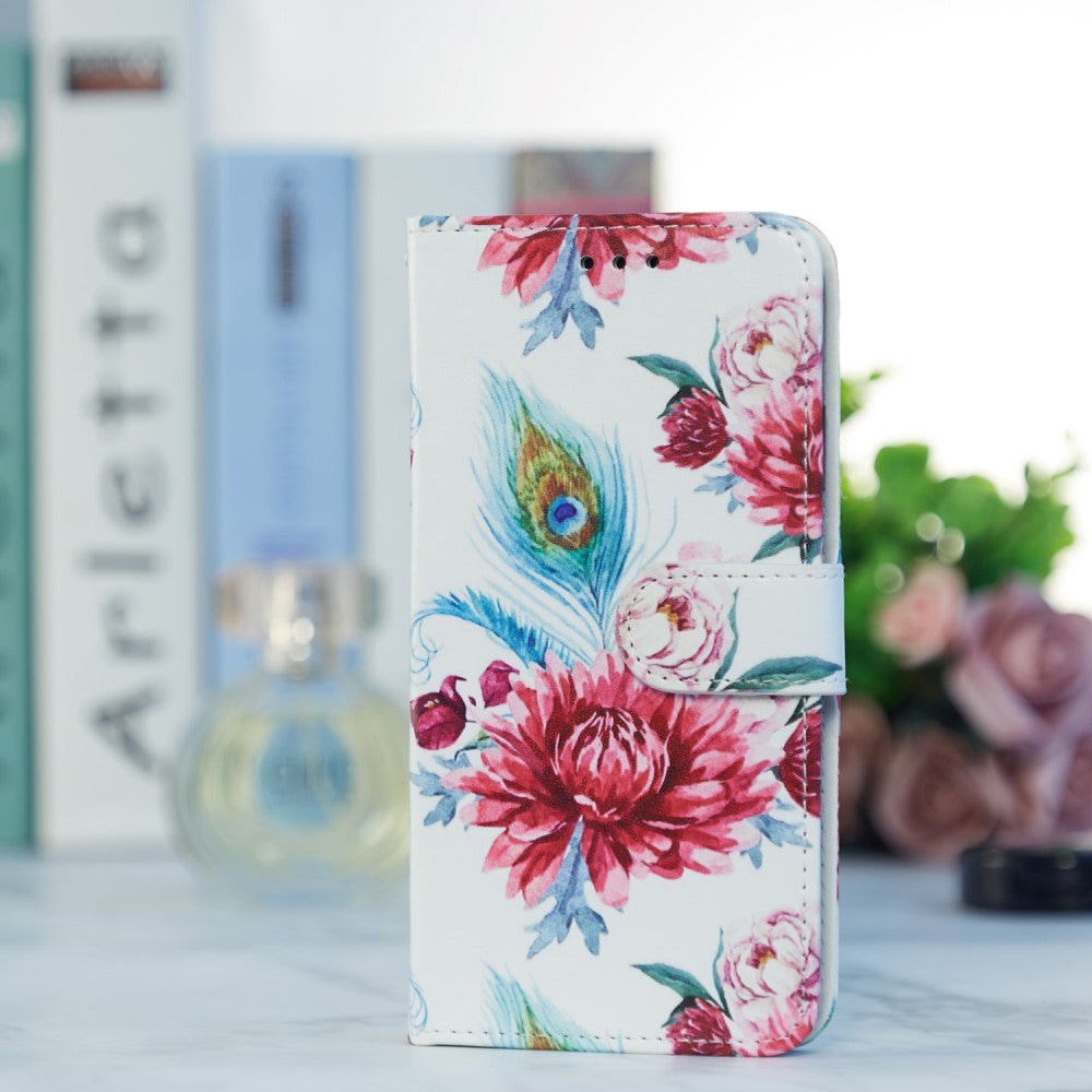 Google Pixel 7 PU Leather Flip Case w. Wallet and Strap - Peacock / Flowers