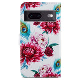 Google Pixel 7 PU Leather Flip Case w. Wallet and Strap - Peacock / Flowers