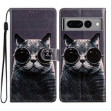 Google Pixel 7 Pro PU Leather Flip Case w. Wallet and Strap - Cat with Glasses