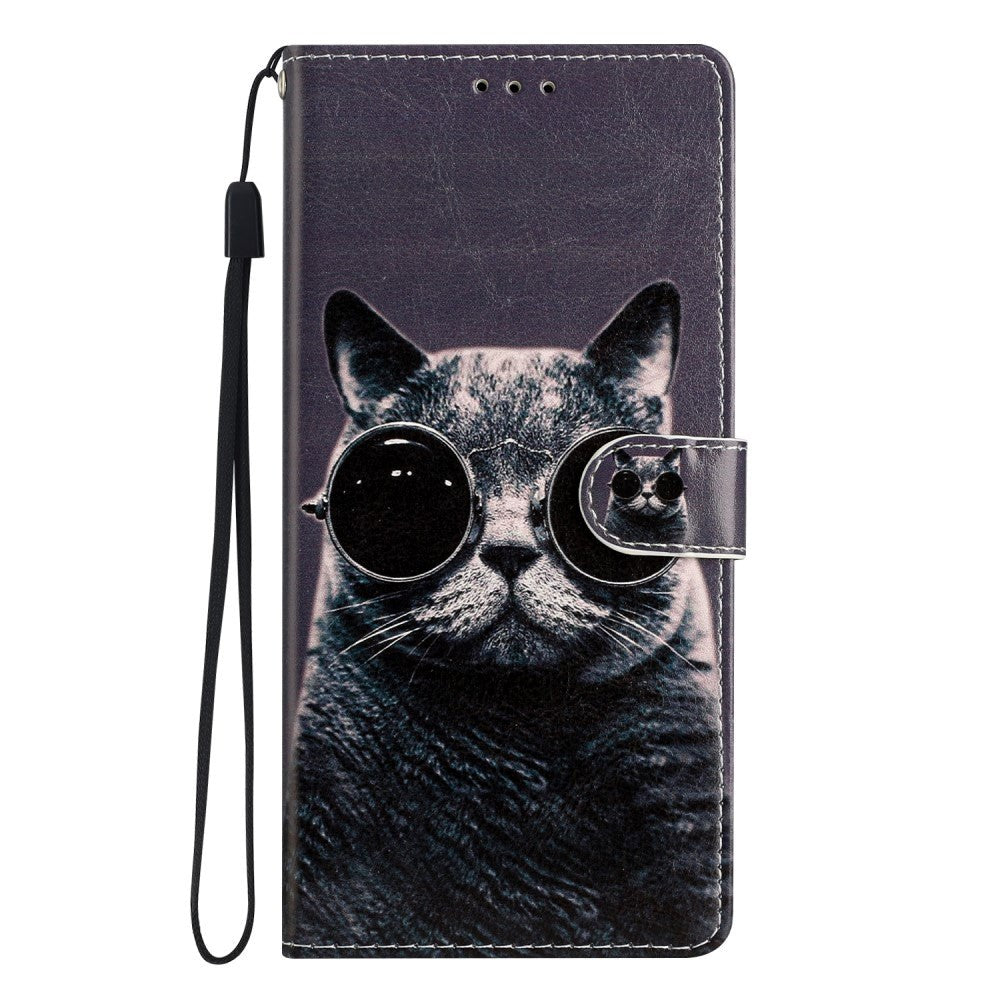 Google Pixel 7 Pro PU Leather Flip Case w. Wallet and Strap - Cat with Glasses