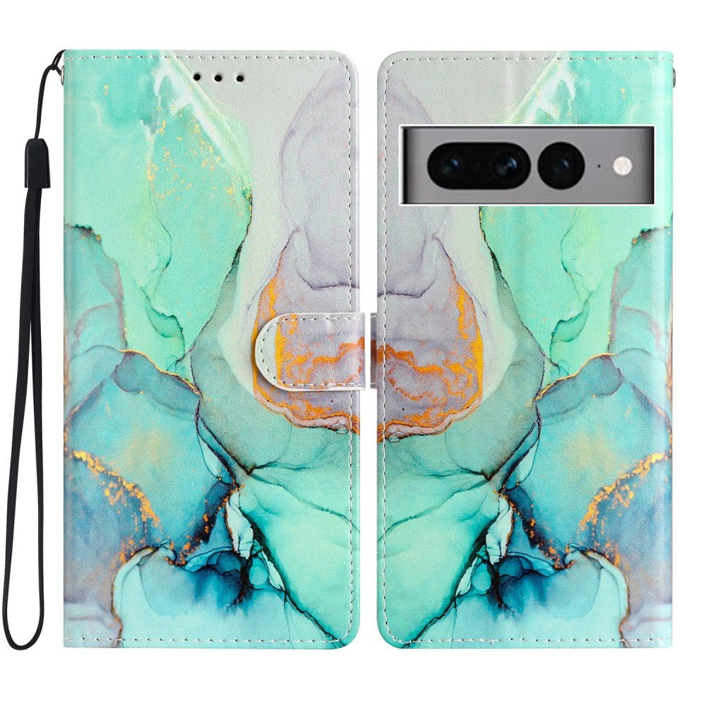 Google Pixel 7 Pro PU Leather Flip Case w. Wallet and Strap - Green Marble