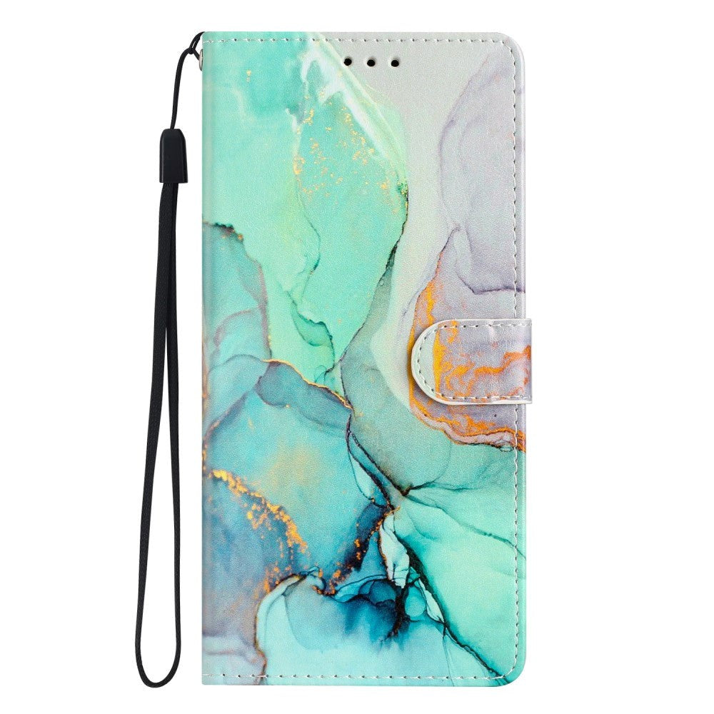 Google Pixel 7 Pro PU Leather Flip Case w. Wallet and Strap - Green Marble