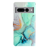 Google Pixel 7 Pro PU Leather Flip Case w. Wallet and Strap - Green Marble