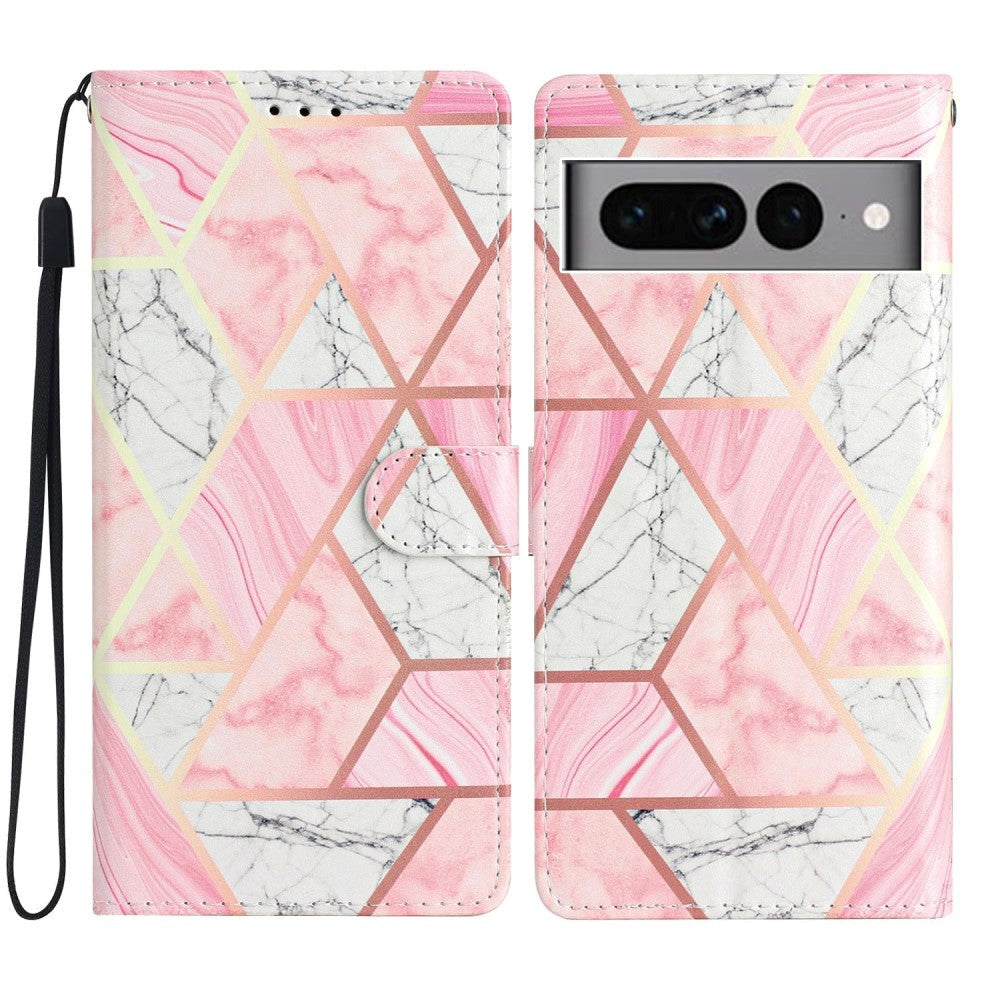 Google Pixel 7 Pro PU Leather Flip Case w. Wallet and Strap - Pink Marble