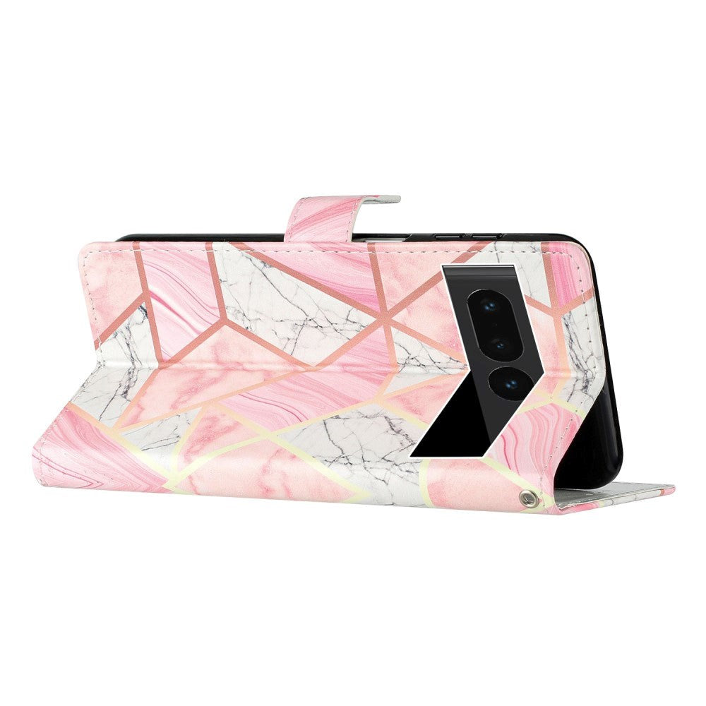 Google Pixel 7 Pro PU Leather Flip Case w. Wallet and Strap - Pink Marble