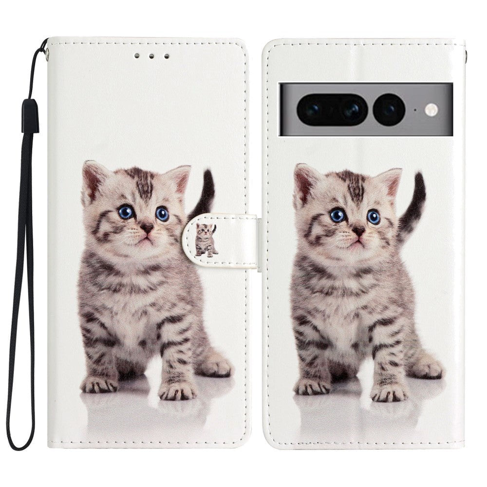 Google Pixel 7 Pro PU Leather Flip Case w. Wallet and Strap - Cute Cat