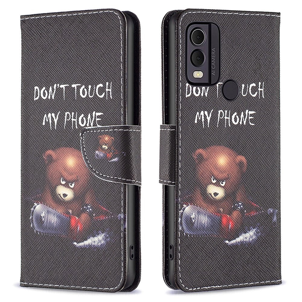 Nokia C22 Leather Wallet Case w. Print - "Don't Touch My Phone" Bear