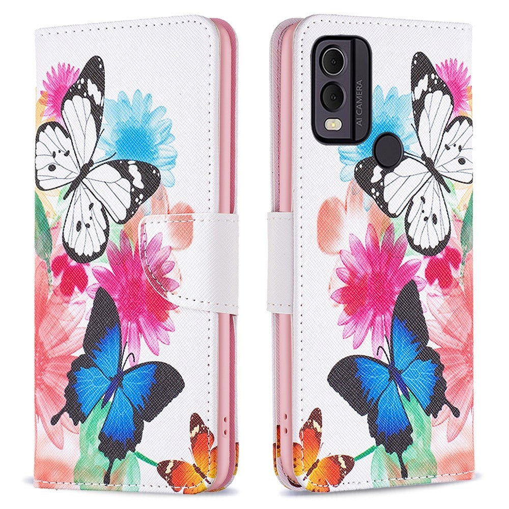 Nokia C22 Leather Wallet Case w. Print - Butterflies and Flowers