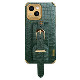 iPhone 14 Crocodile Leather Case with Built-in Strap - Green