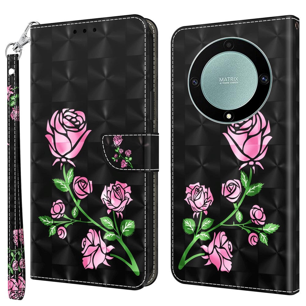 Honor Magic5 Lite Light Spot Leather Case - Black w. Pink Roses