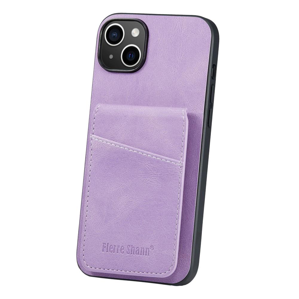 iPhone 14 Leather Covered Plastic Case w. Card Holders and Stand Function - Purple