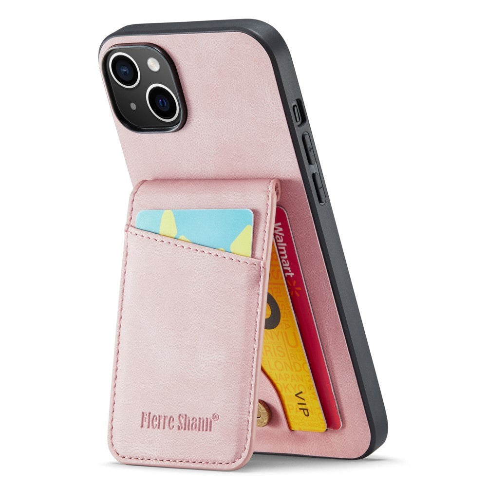 iPhone 14 Leather Covered Plastic Case w. Card Holders and Stand Function - Pink