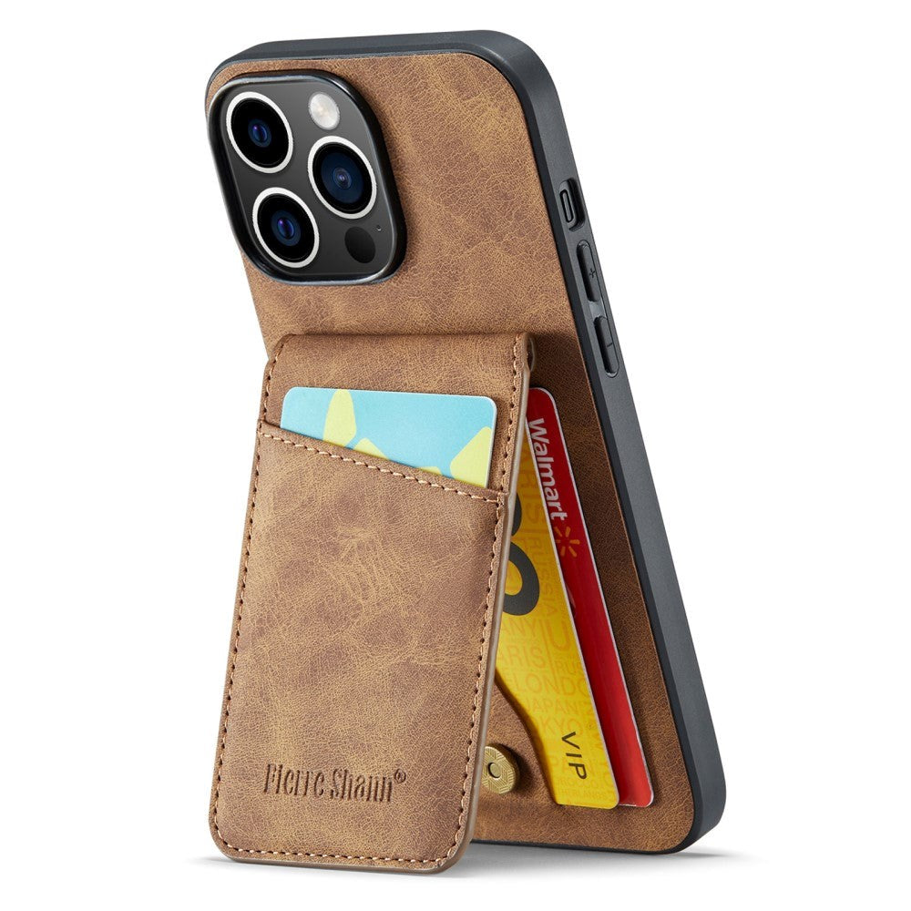 iPhone 14 Pro Leather Covered Plastic Case w. Card Holders and Stand Function - Brown