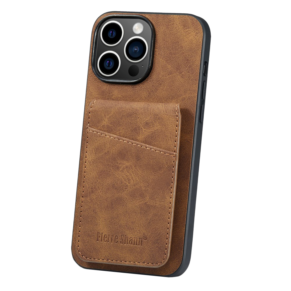 iPhone 14 Pro Leather Covered Plastic Case w. Card Holders and Stand Function - Brown