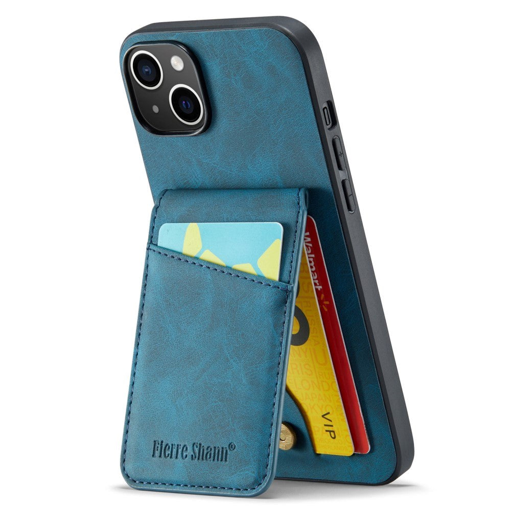 iPhone 13 Leather Covered Plastic Case w. Card Holders and Stand Function - Blue