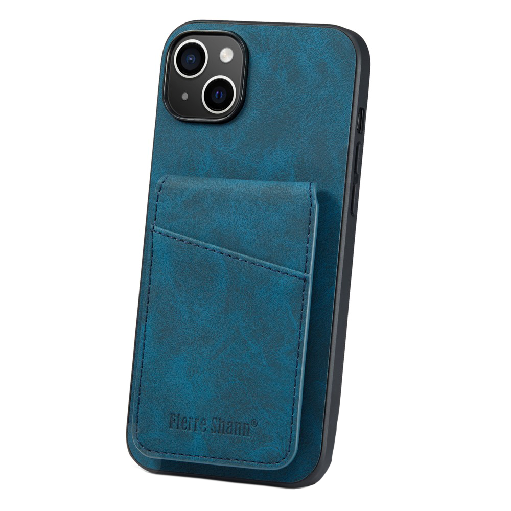 iPhone 13 Leather Covered Plastic Case w. Card Holders and Stand Function - Blue