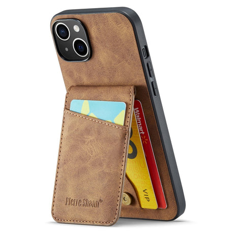 iPhone 13 Leather Covered Plastic Case w. Card Holders and Stand Function - Brown