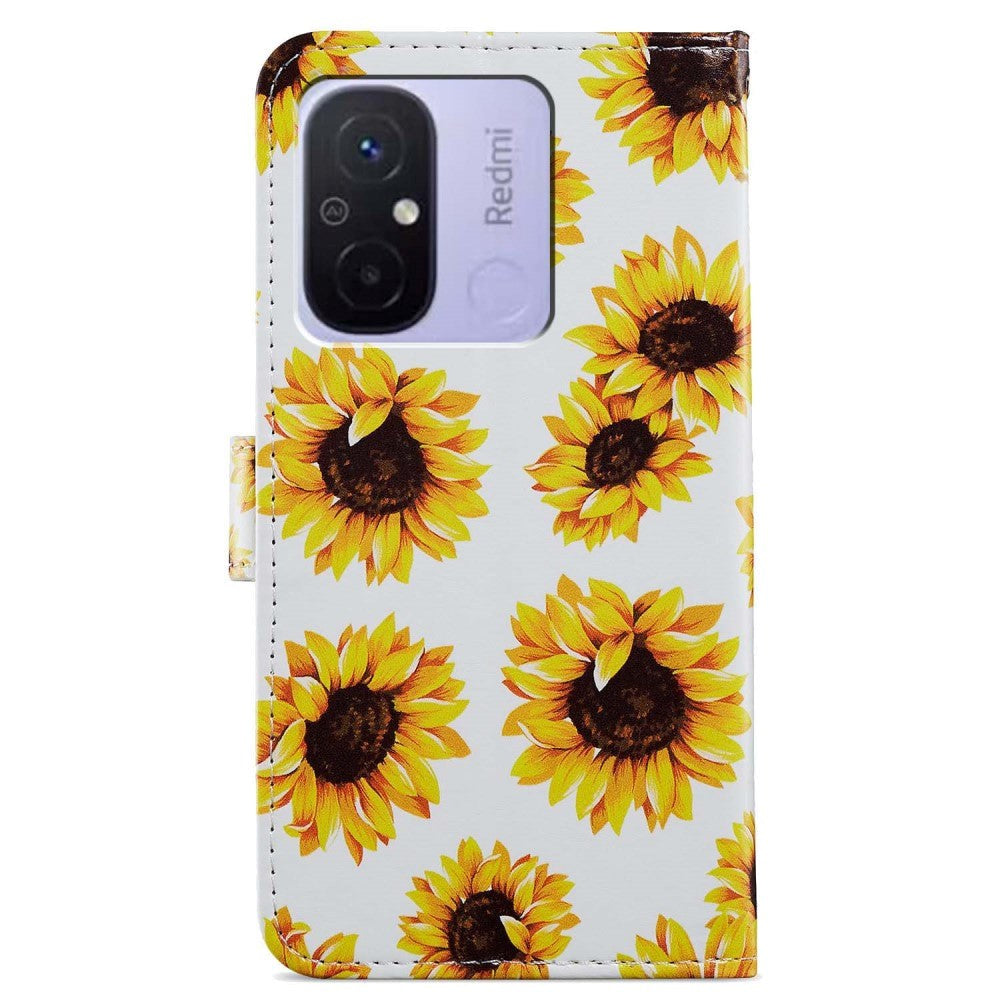 Xiaomi Redmi 12C PU Leather Flip Case w. Wallet and Strap - Sunflowers