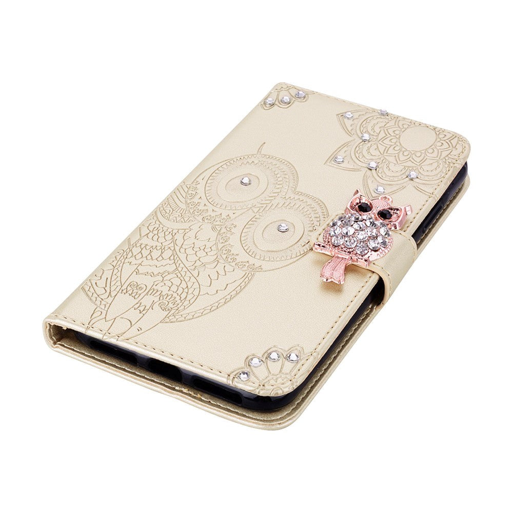 Google Pixel 8 Owl & Rhinestone Leather Wallet Case - Gold